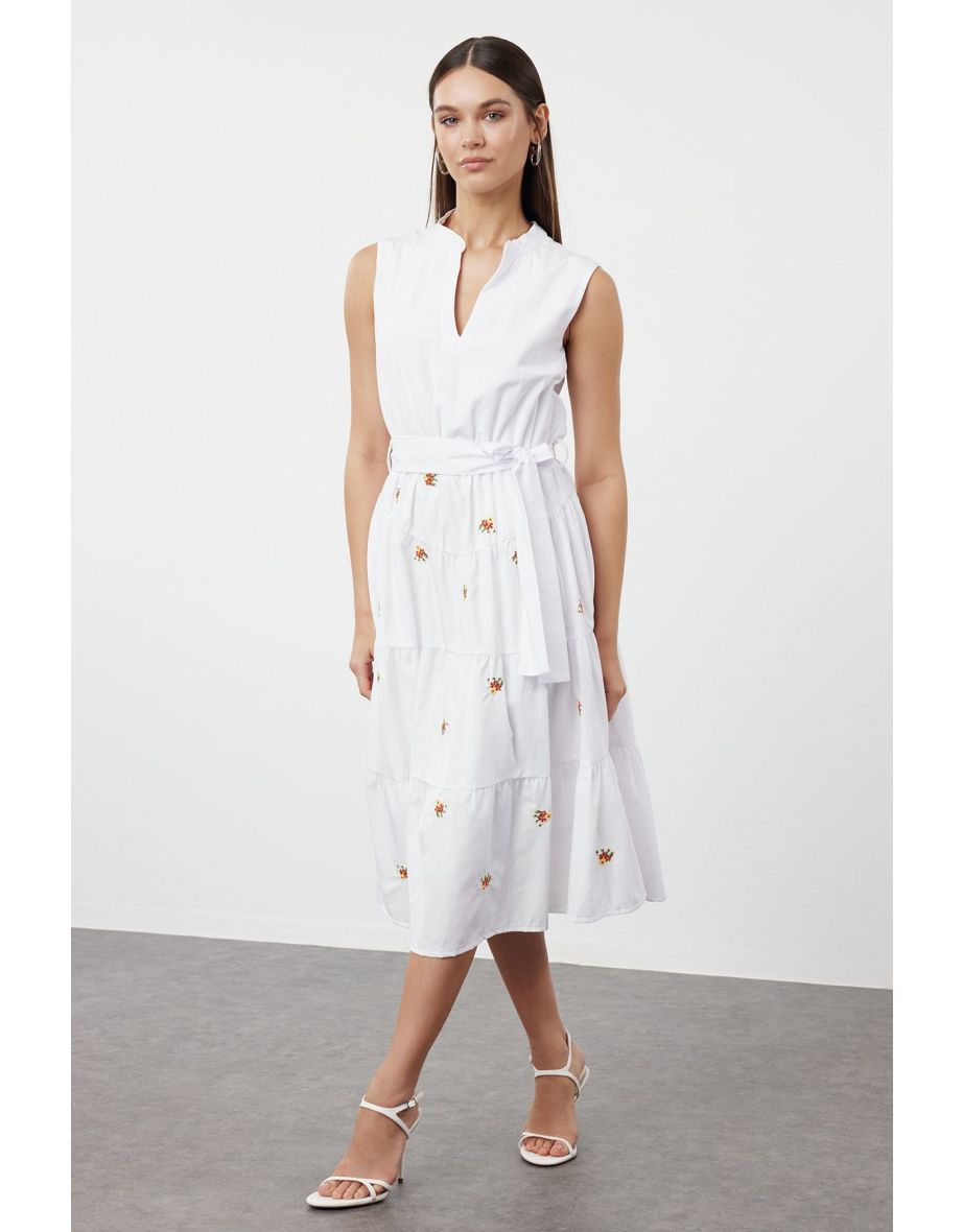White A-Line Embroidered Midi Woven Dress