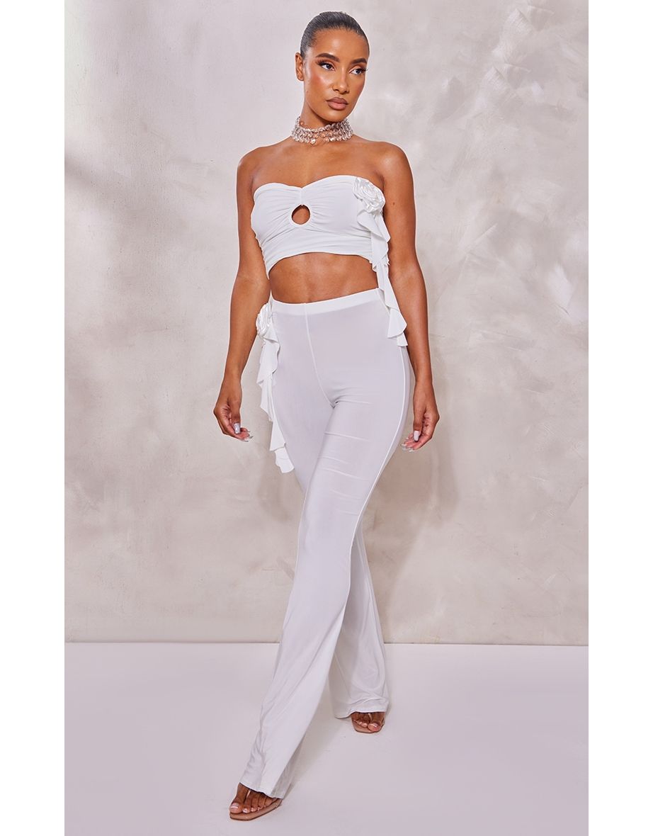 White Rose Applique Slinky Flared Trousers