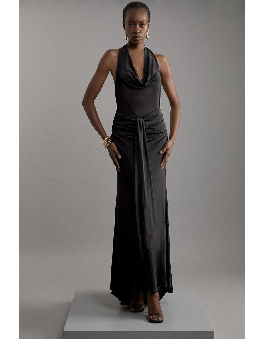 Premium Viscose Jersey Crepe Cowl Neck Maxi Dress