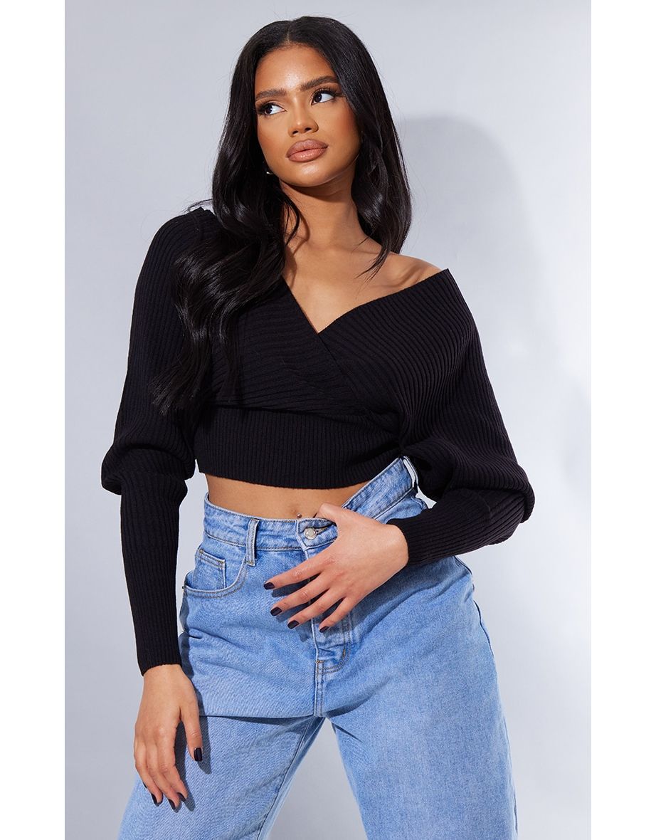 Recycled Black Wrap Off The Shoulder Jumper