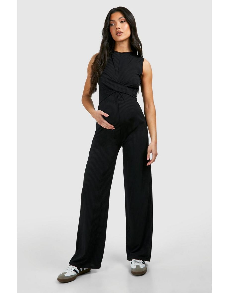 Maternity Rib Sleeveless Knot Detail Lounge Jumpsuit - black