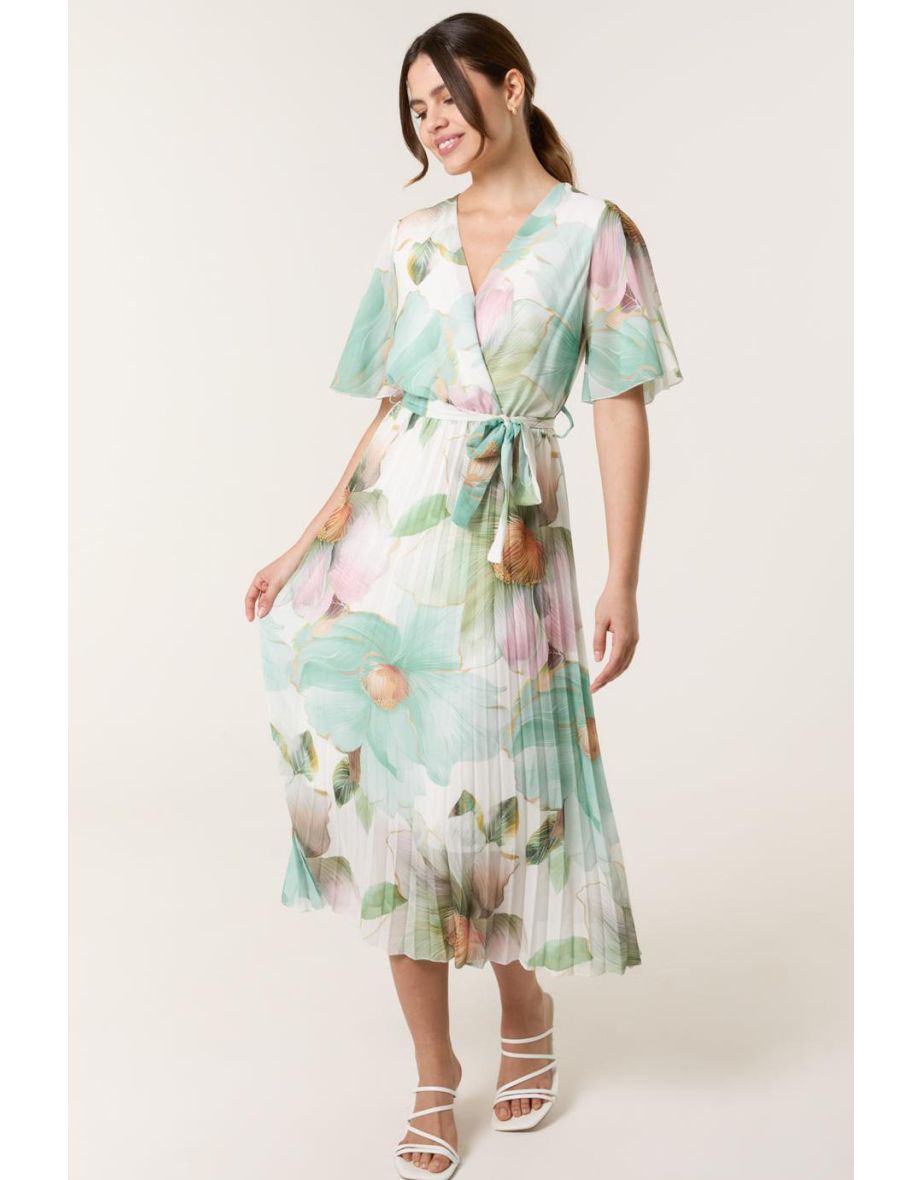 Watercolour Floral Printed Wrap Front Pleated Dress
