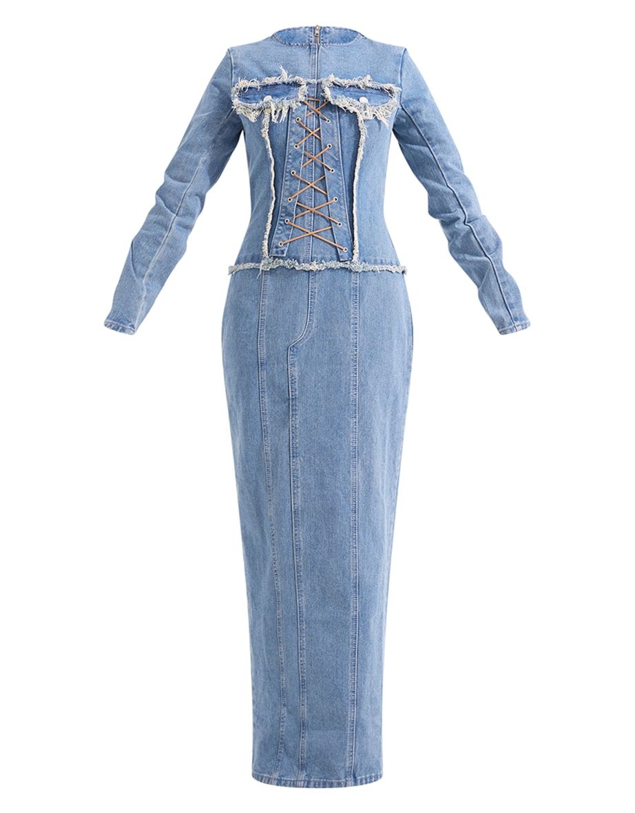 Light Blue Wash Freyed Pannel Detail Lace Up Maxi Denim Dress - 4