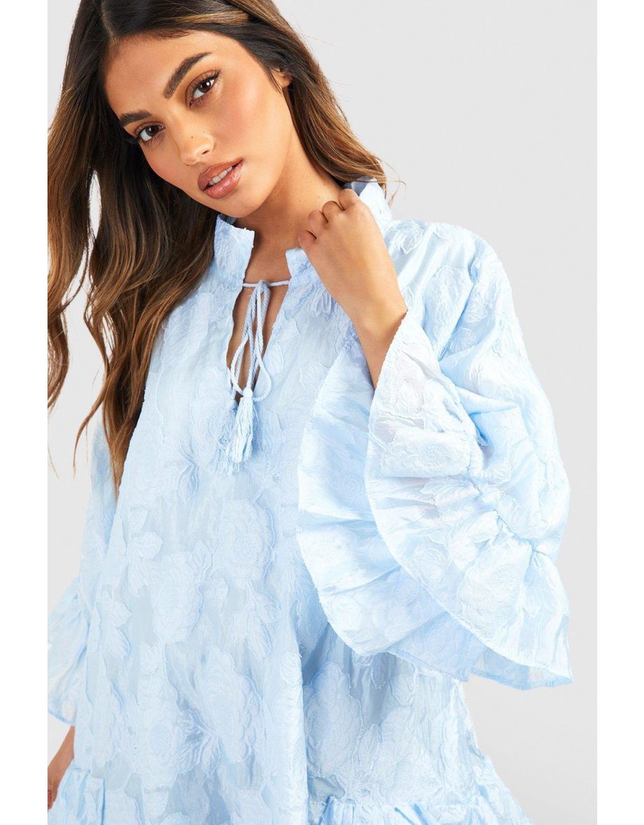 Textured Woven Ruffle Smock Dress - pastel blue - 3