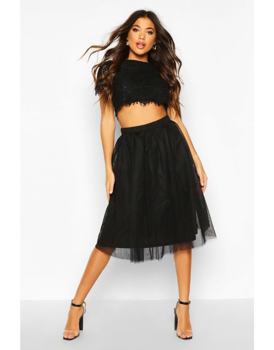Woven Lace Top & Contrast Midi Skirt Co-Ord Set - black
