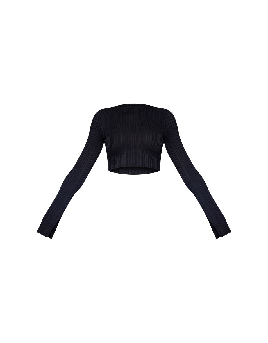 Black Textured Rib Long Sleeve Crop Top - 4