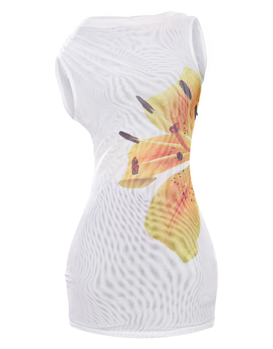White Floral Double Layer Printed Mesh Asymmetric Bodycon Dress - 3