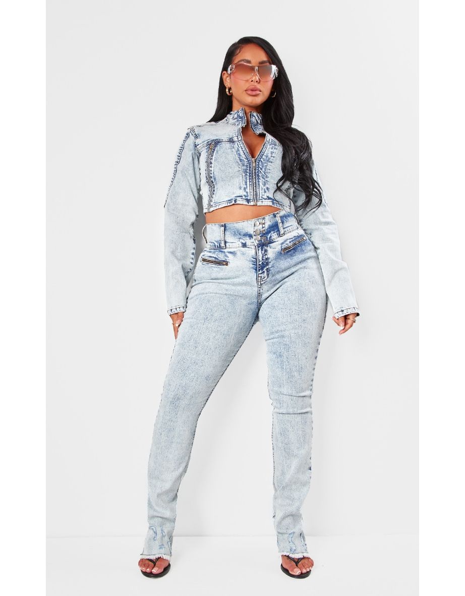 Shape Light Blue Denim High Waisted Ripped Hem Jeans
