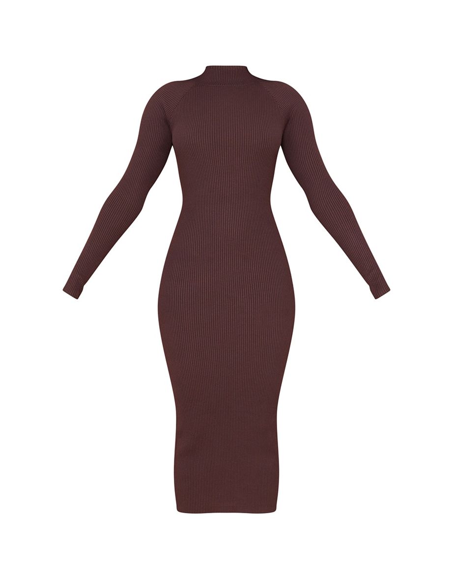 Chocolate Turtle Neck Knitted Bodycon Maxi Dress - 4