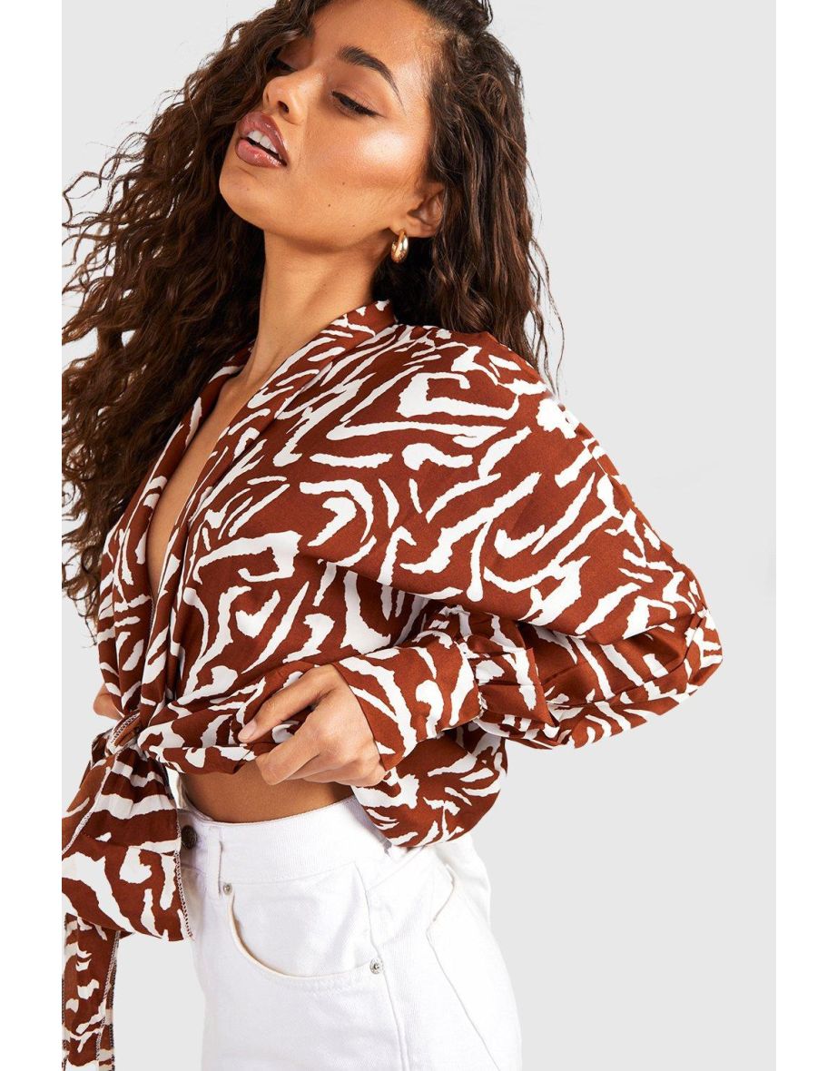 Animal Tie Front Batwing Kimono - brown - 3