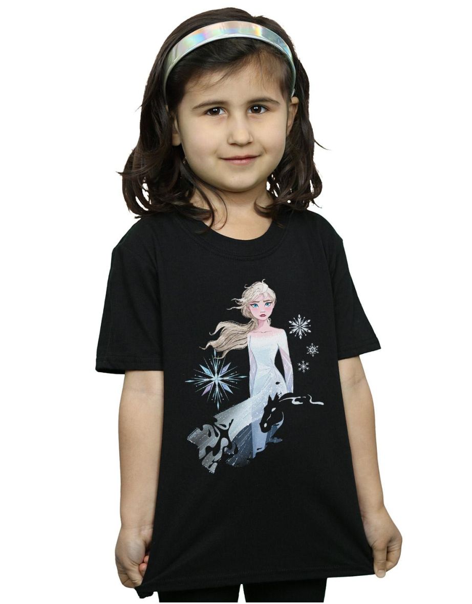Disney Girls Frozen 2 Elsa Nokk Silhouette Cotton T-Shirt - Black