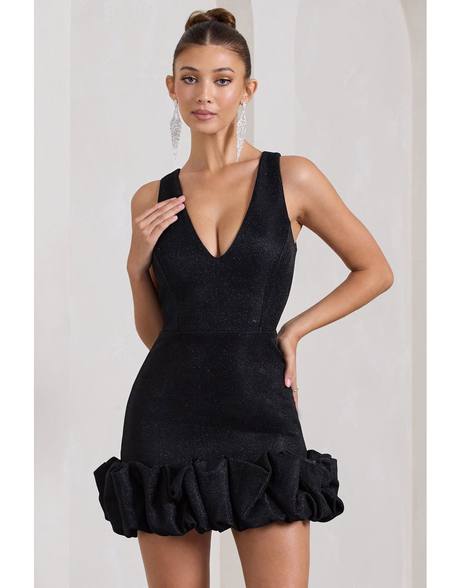 Main Present | Black Glittered V-Neck Mini Dress With Ruffle Trim - 4