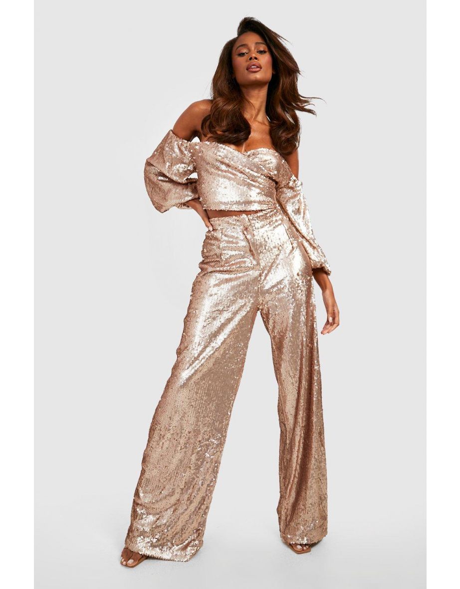 Shop Matte Sequin Wide Leg Trousers gold Online in Qatar VogaCloset