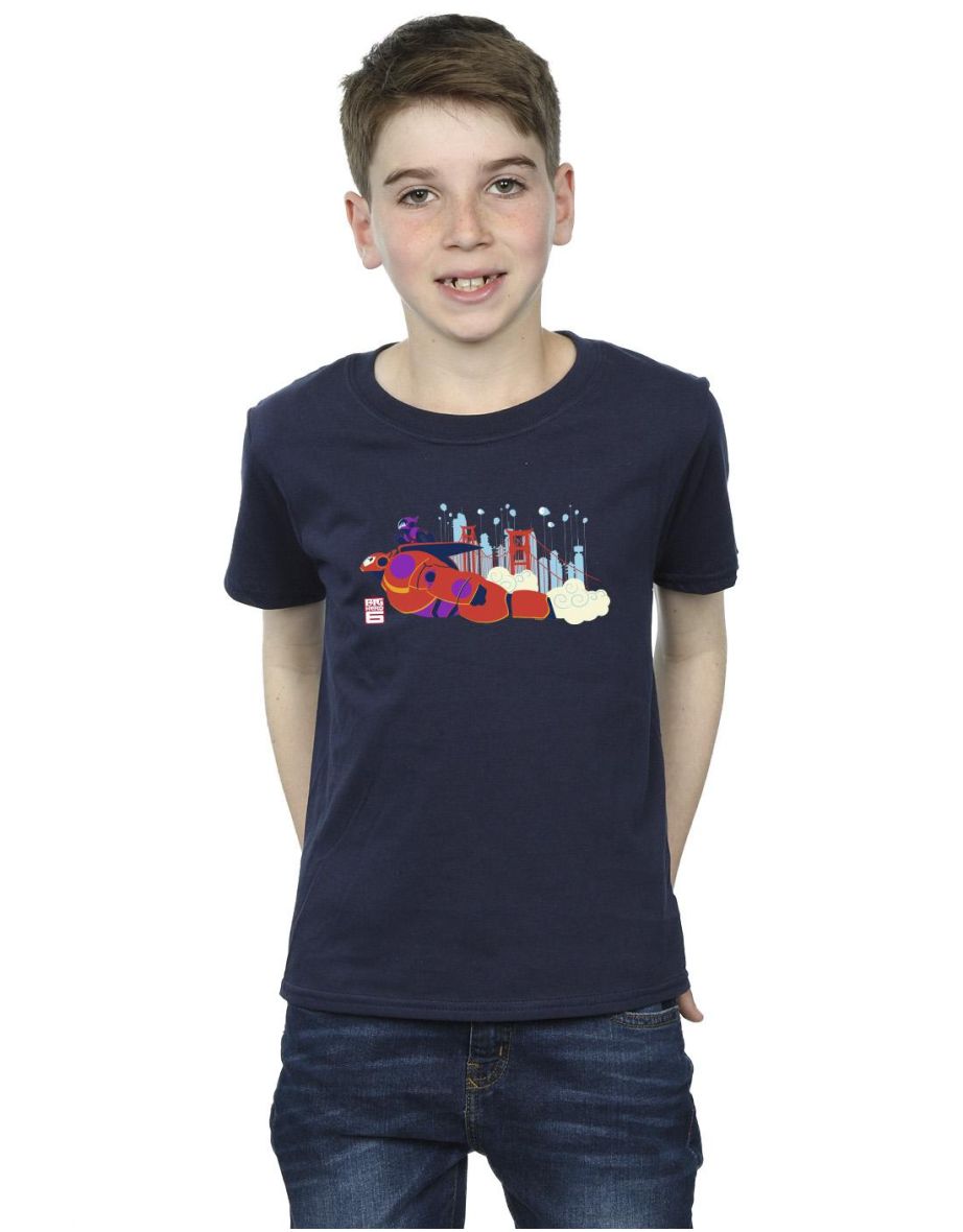 Disney Boys Big Hero 6 Baymax Hiro Bridge T-Shirt - Navy Blue