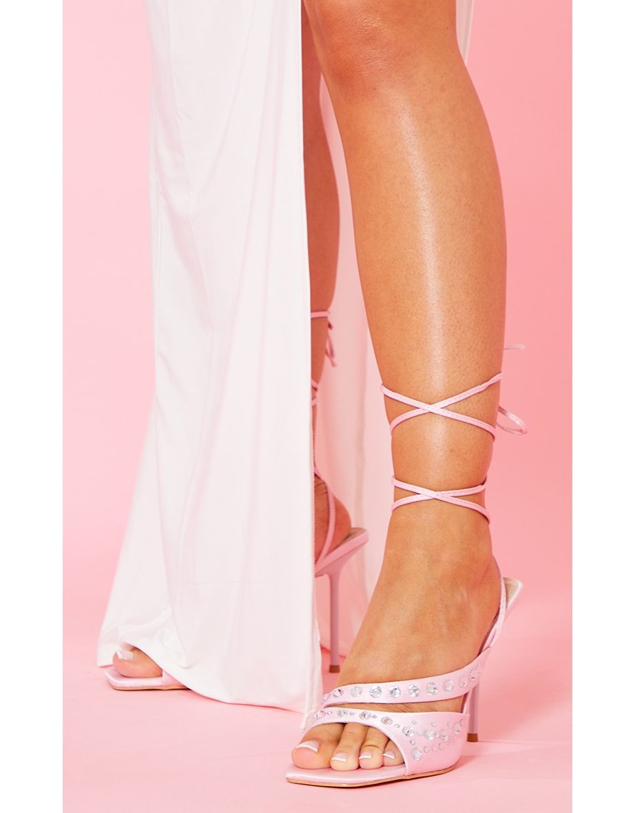 Pink Square Toe Diamante Studded Strap Lace Up Heeled Sandals