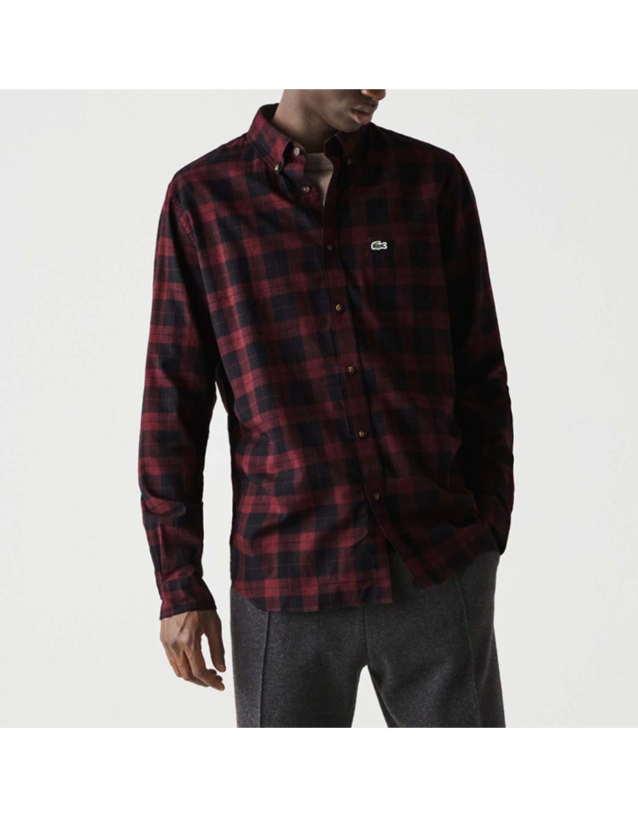 Men's Lacoste Regular Fit Cotton Twill Checkered Shirt in Black