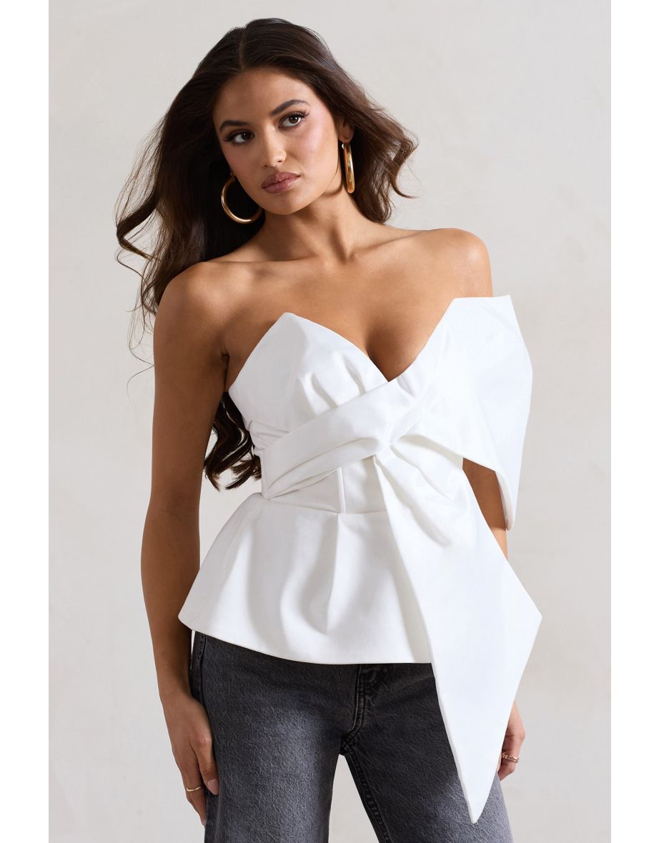 Mayfair | White Asymmetric Bardot Top With Peplum Hem - 4