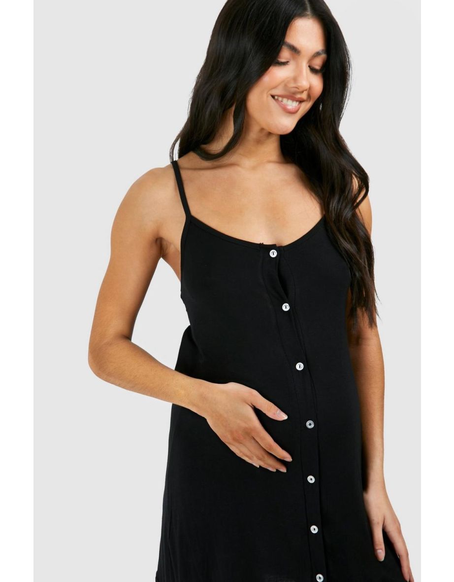 Maternity Button Down Strappy Nightie - black - 3