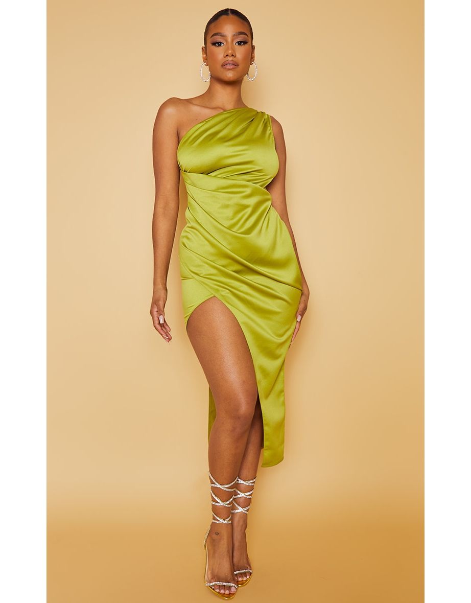Olive Satin One Shoulder Pleat Detail Midi Dress