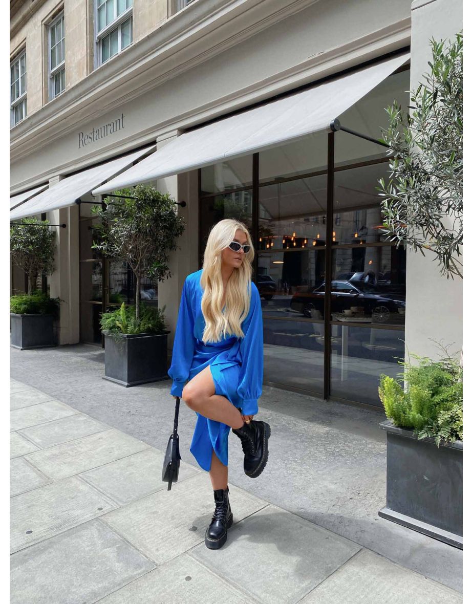 Glamorous Blue Aster Satin Long Sleeve Wrap Dress - 2