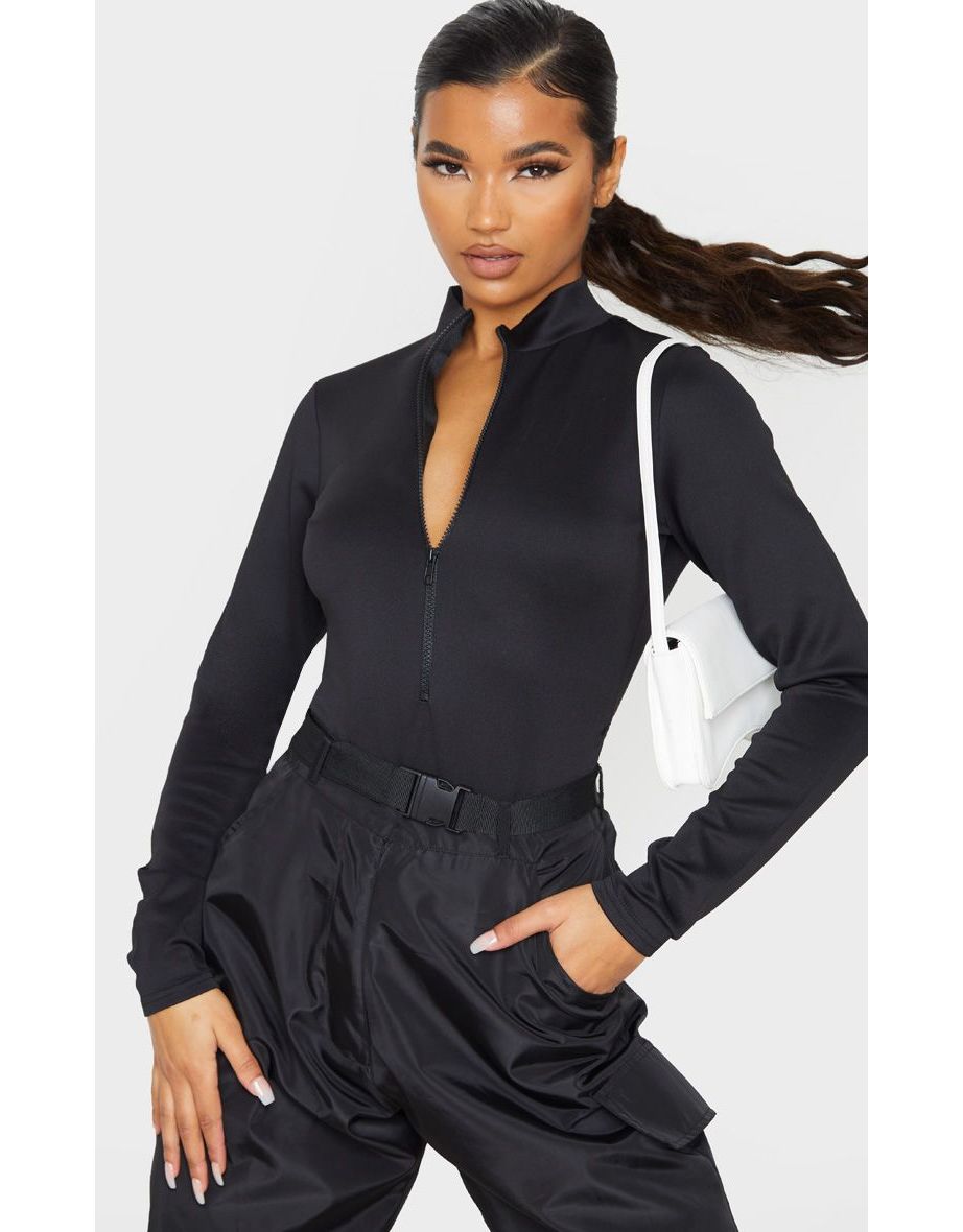 Cosmogonie Exclusive long sleeve zip front hooded bodysuit in black - BLACK