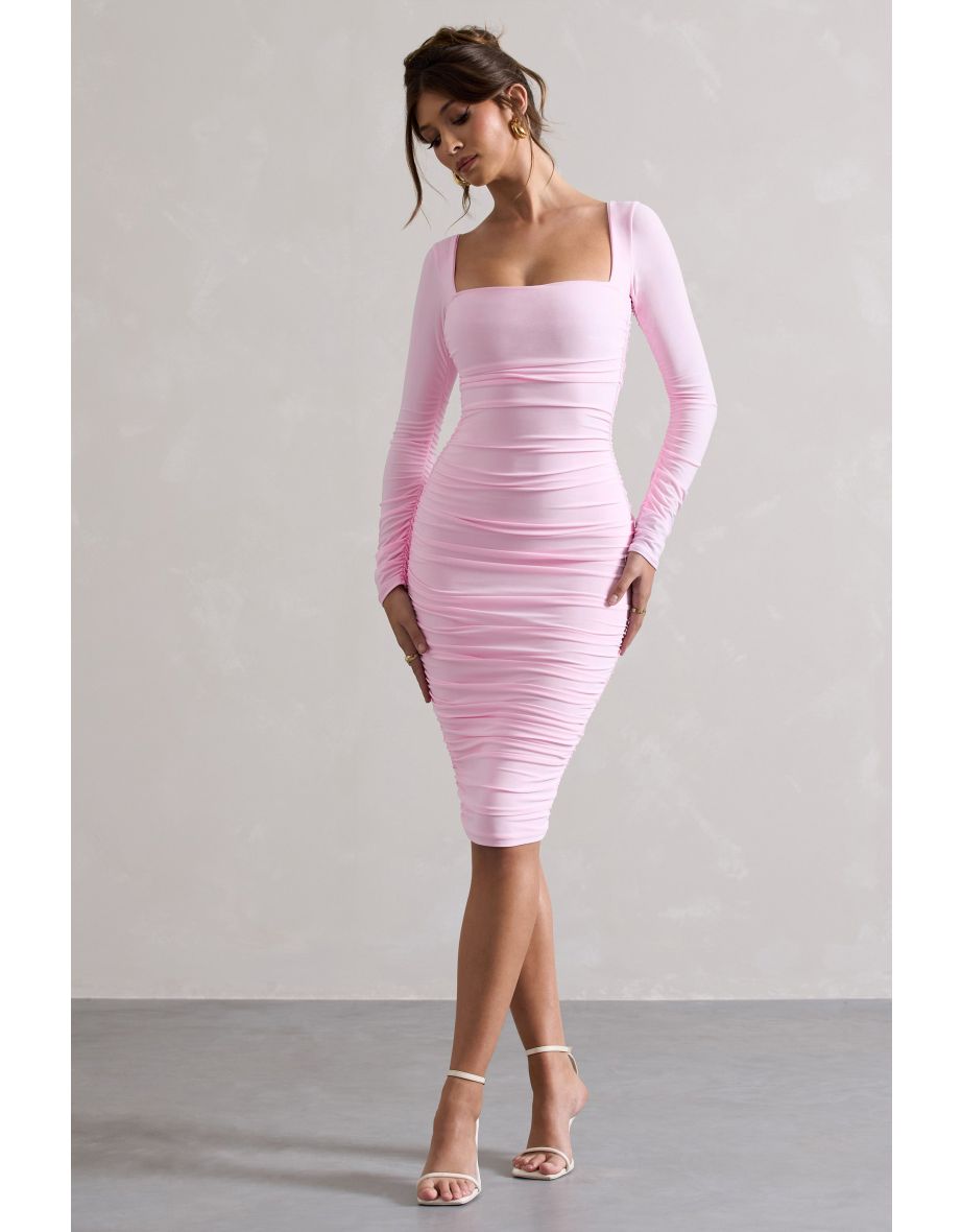 Seductress | Pink Long Sleeve Square Neck Ruched Midi Dress - 4