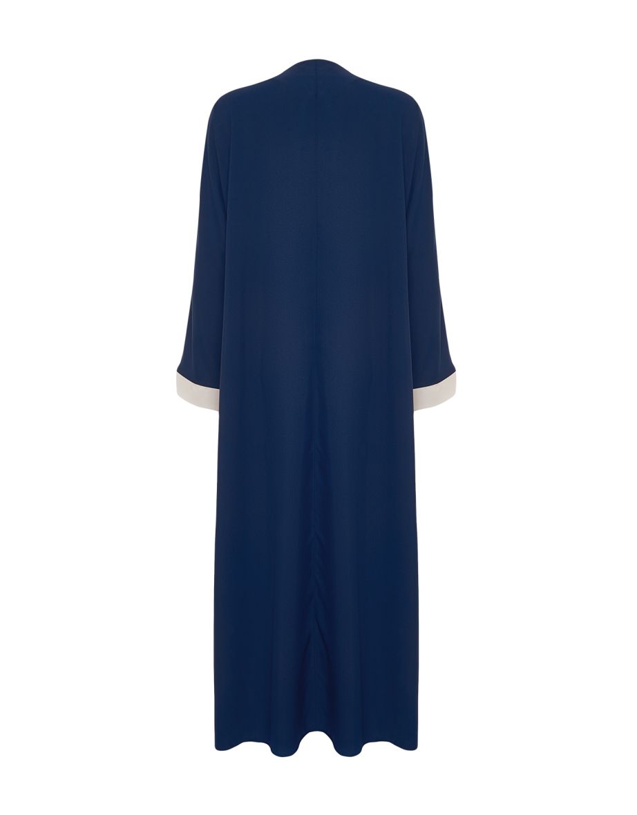 Navy Blue Color Block Long Woven Cap & Abaya - 7