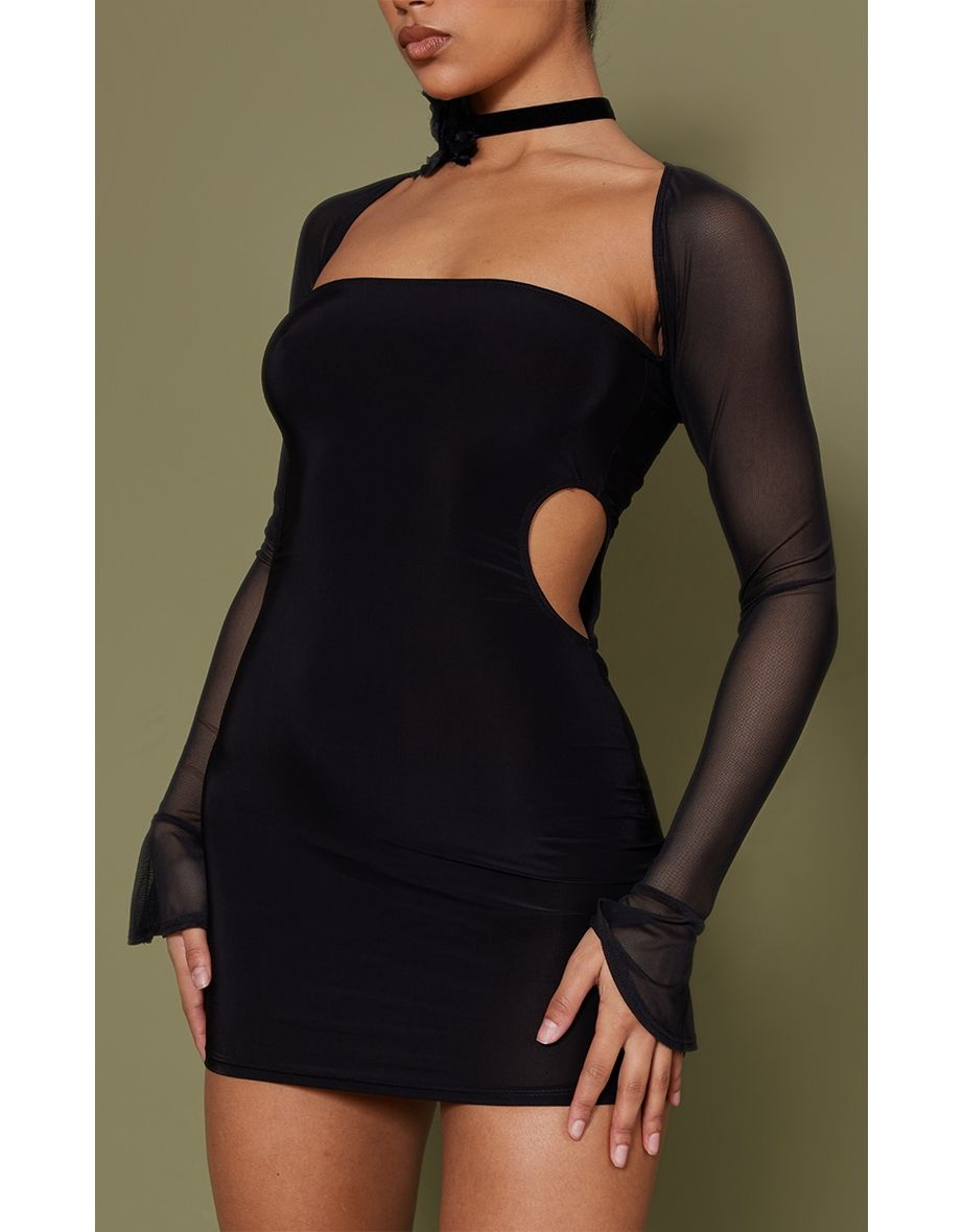 Black Slinky Cut Out Mesh Flared Sleeve Bodycon Dress - 3