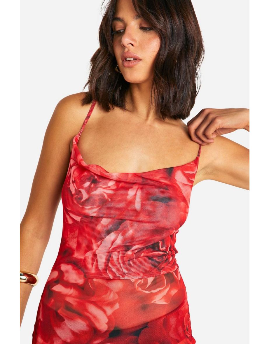 Cowl Neck Rose Print Mini Dress - red - 3