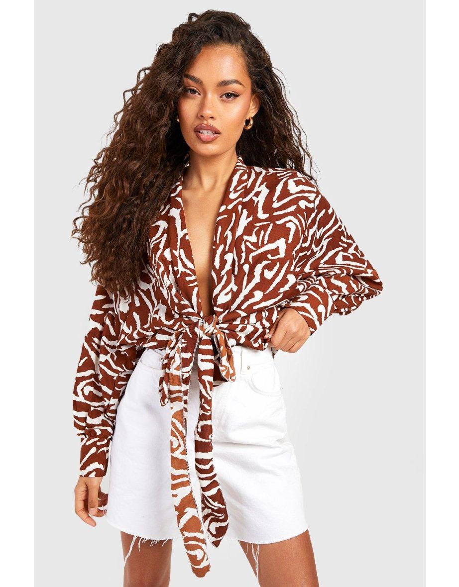 Animal Tie Front Batwing Kimono - brown