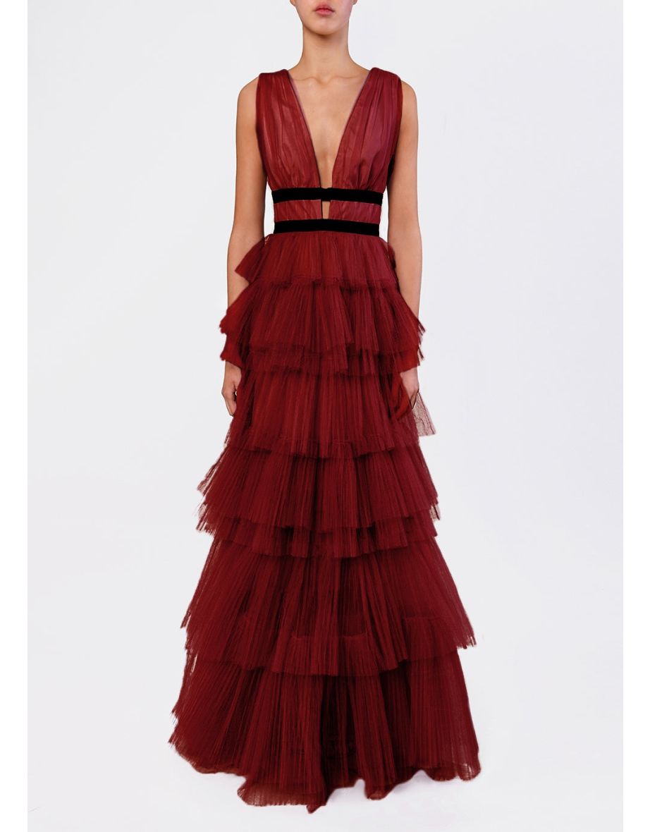 Eliza Burgundy Plunging Neck Layered Tulle Skirt  Dress