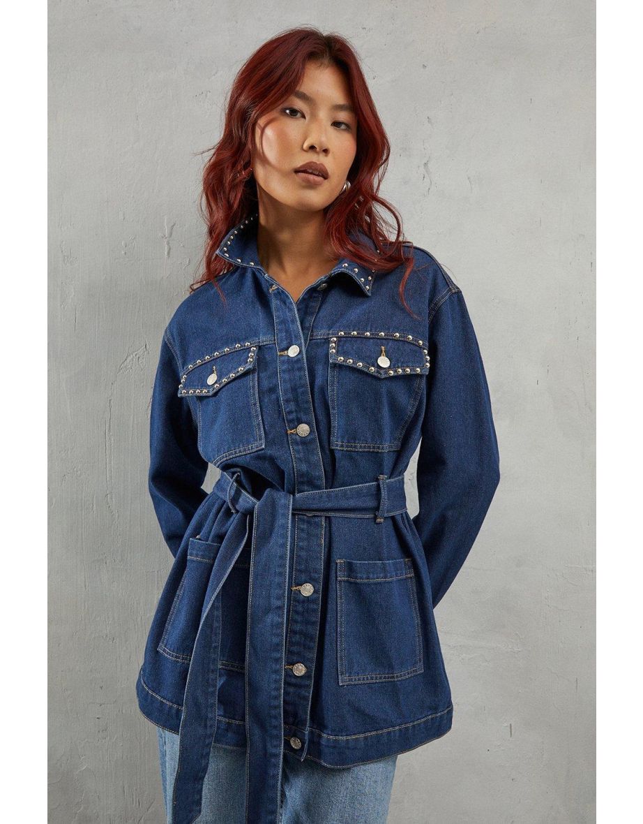 Stud Detail Belted Denim Jacket
