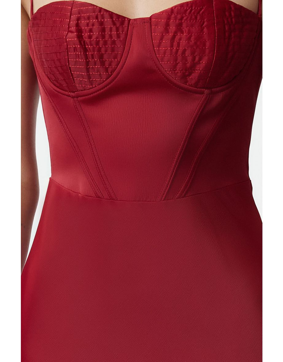 Burgundy Satin Woven Fish Cut Long Evening Dress & Graduation Dress - 6