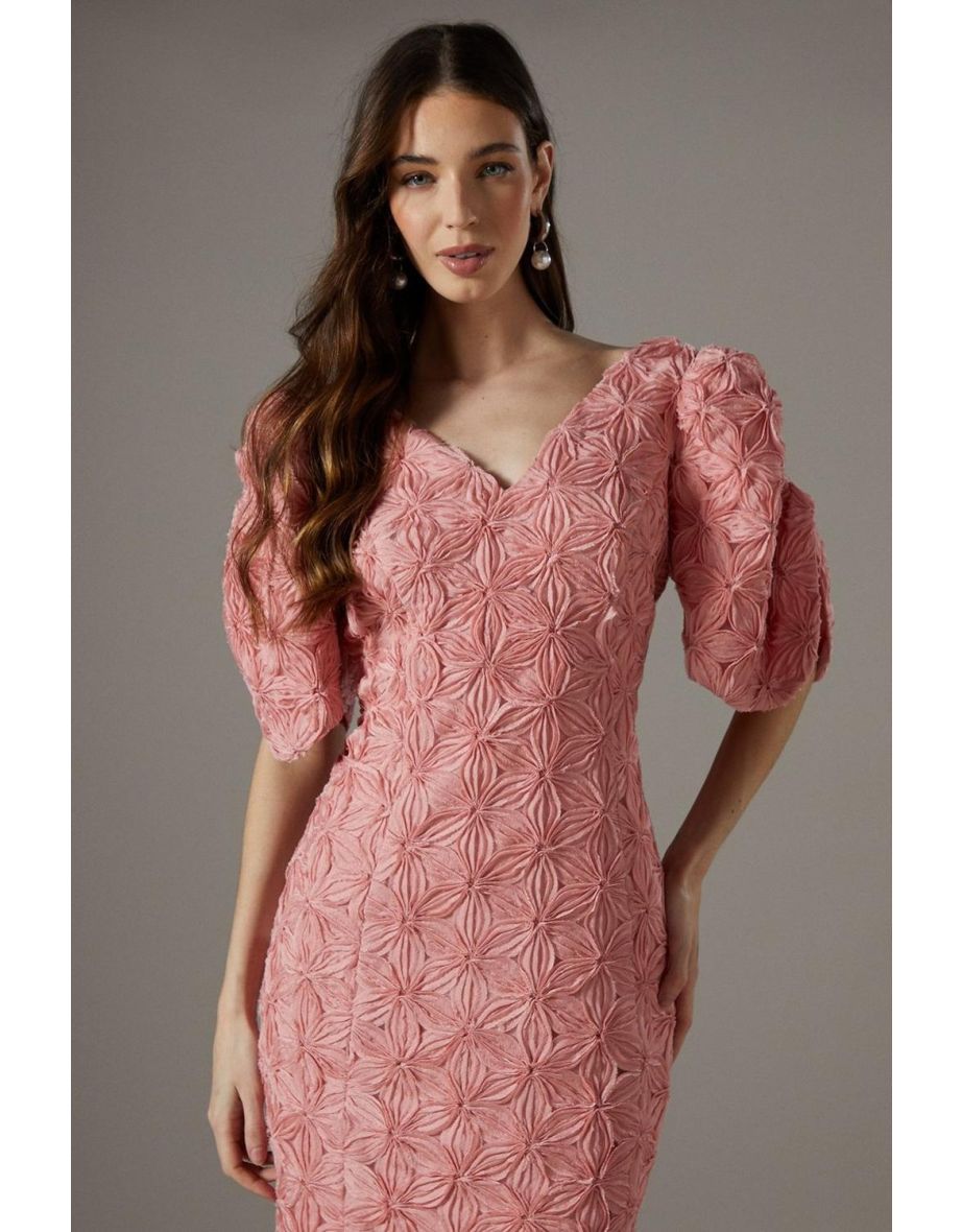 Floral Pleated Sleeve Pencil Dress - 3