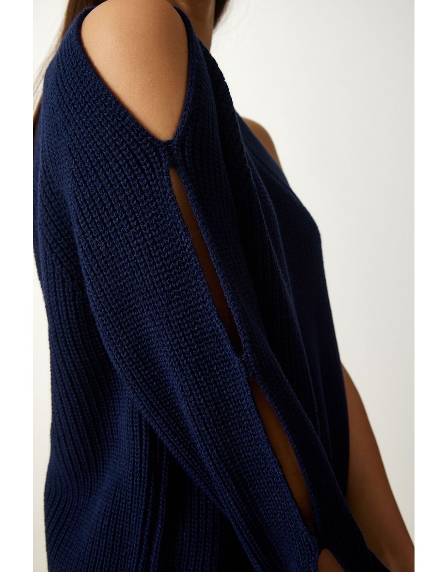 Women's Navy Blue Window Detailed Single Sleeve Knitwear Sweater - 5