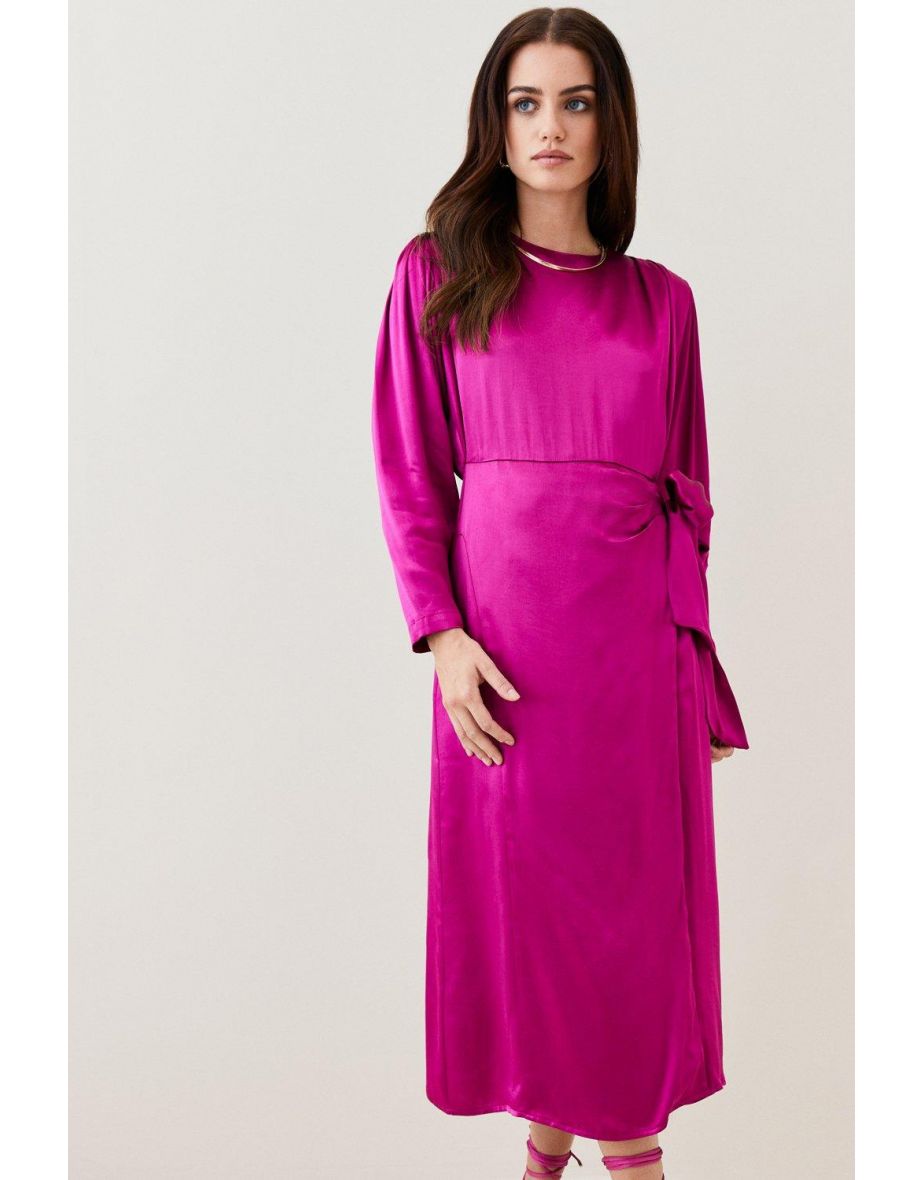 Petite Viscose Satin Satin  Wrap Midi Dress