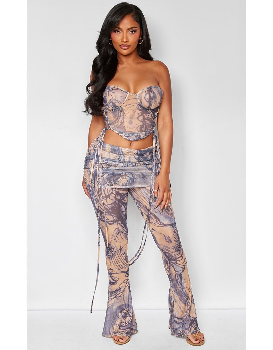 Shape Blue Ink Printed Mesh Lace Up Detail Bandeau Boning Corset