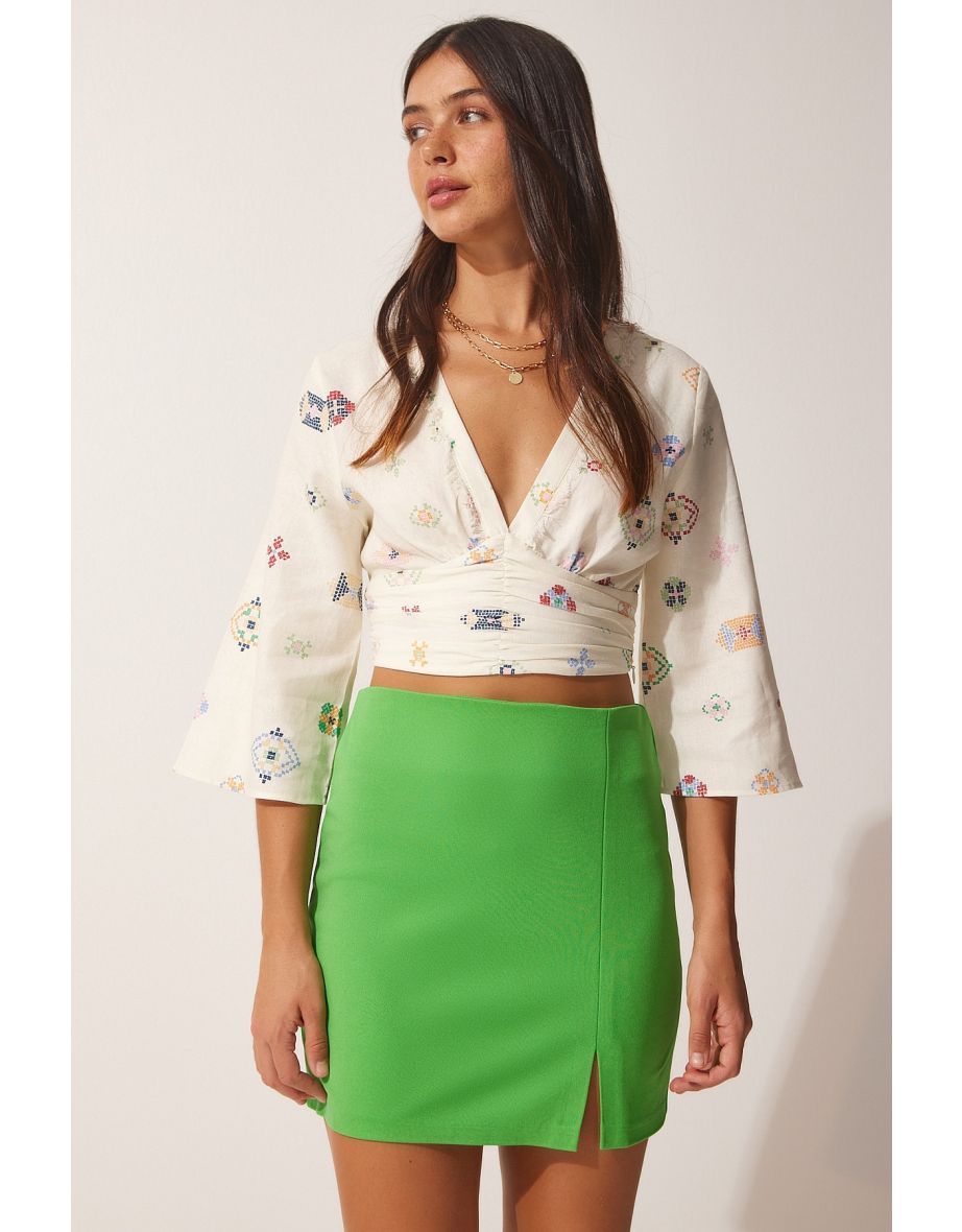 Green Column Mini Skirt with Slit