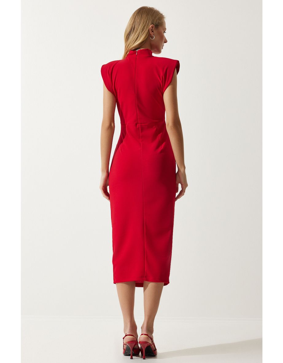 Women's Red Elegant Brooch Gathered Wrap Knitted Dress - 4