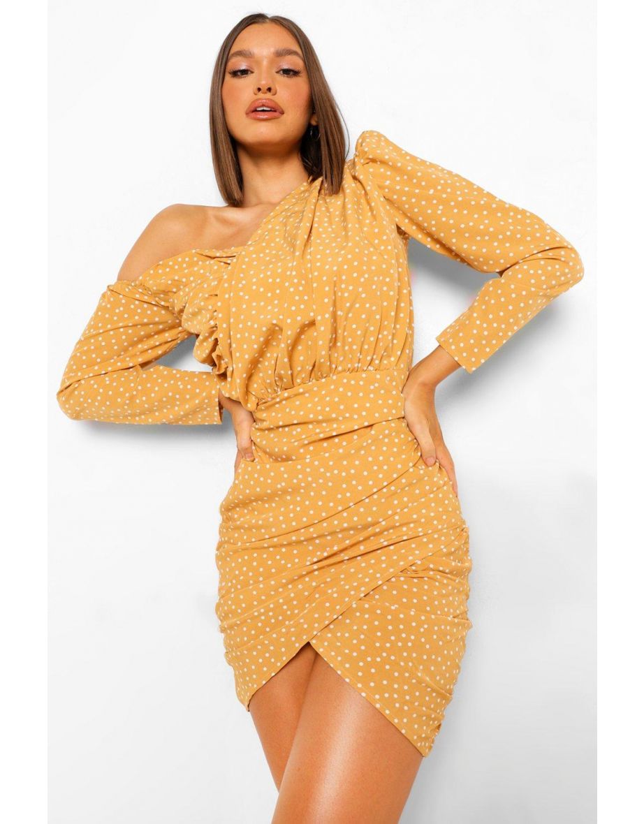 Polka Dot Ruched Asymmetric Dress - mustard