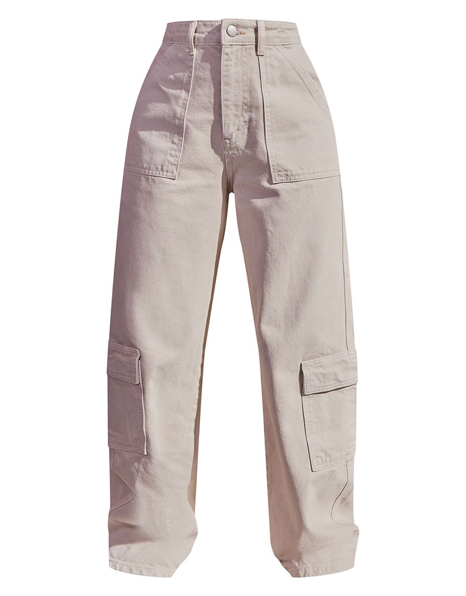 Petite Oatmeal Cargo Pocket Baggy Wide Leg Jeans - 4