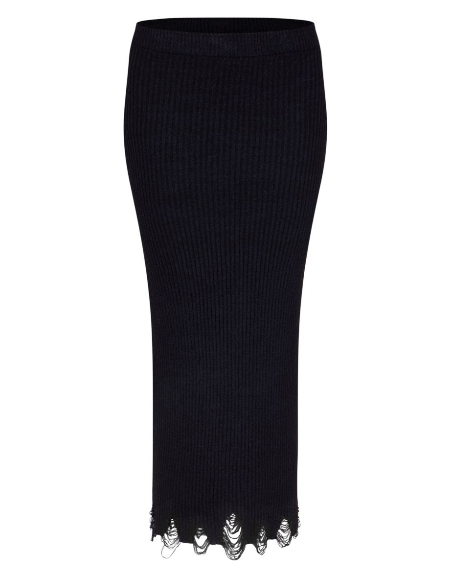 Black Ribbed Knit Distressed Hem Maxi Skirt - 4
