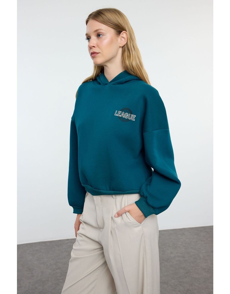 Oil Back Print Detailed Hooded Thick Inside Fleece Knitted Sweatshirt
