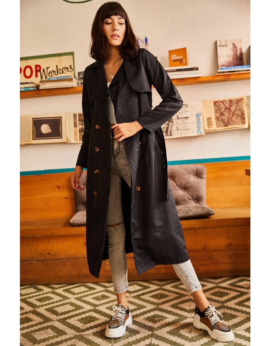 Women's Black Unlined Trench Coat with Pocket