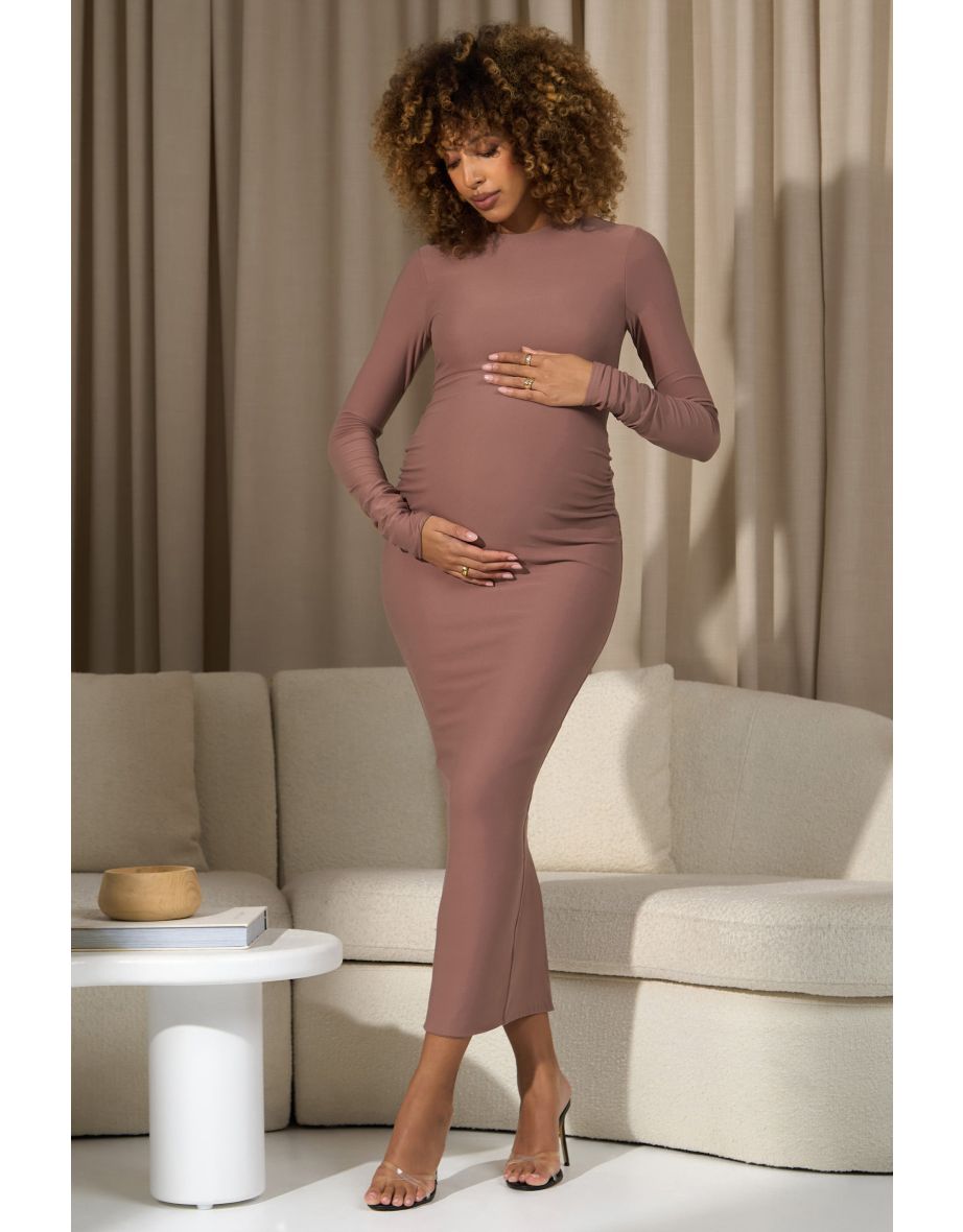 Dove | Warm Taupe Bodycon Long-Sleeve Maternity Maxi Dress