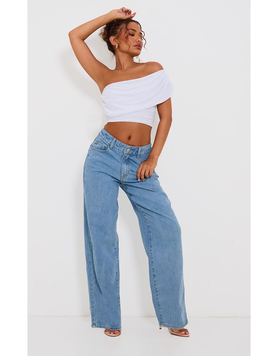 Petite White Mesh One Shoulder Ruched Crop Top