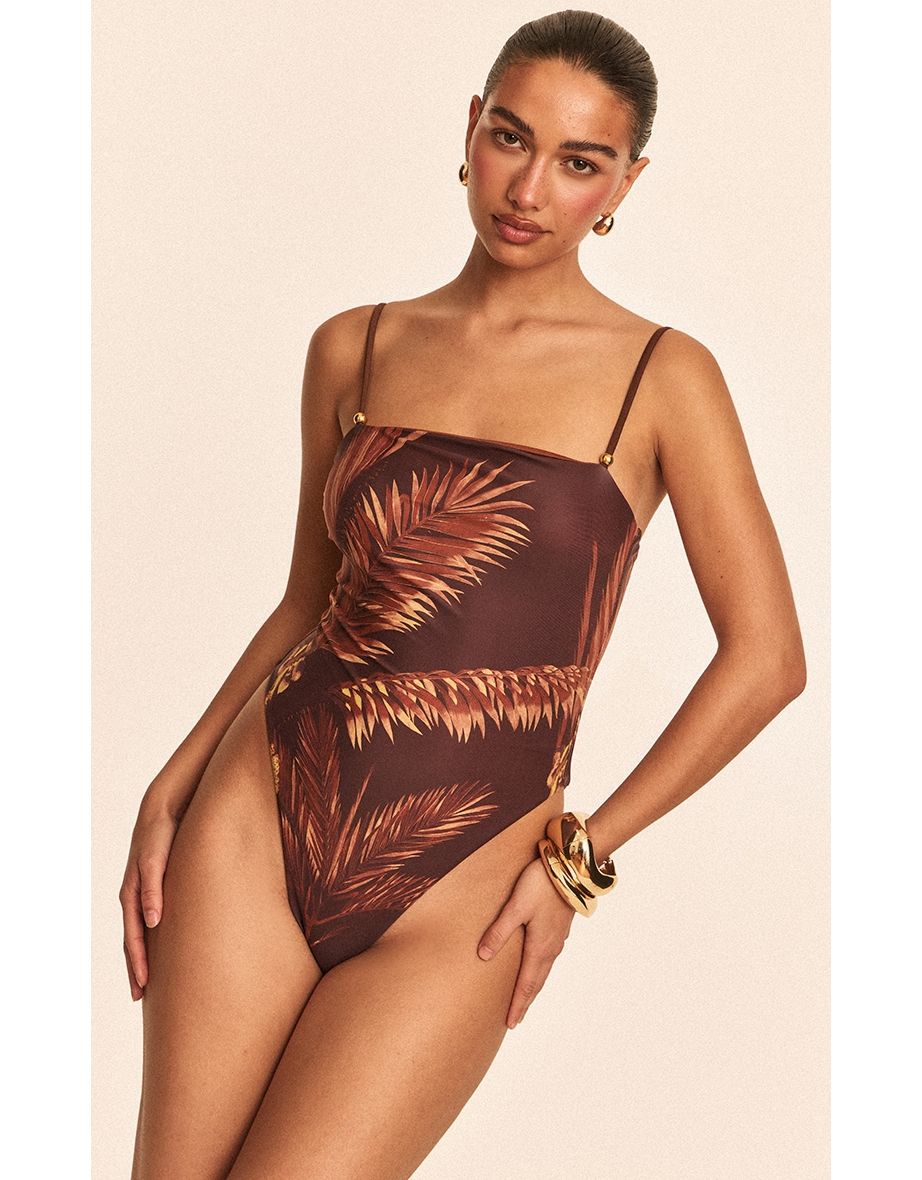 Chocolate Palm Print Reversible Backless Swimsuit