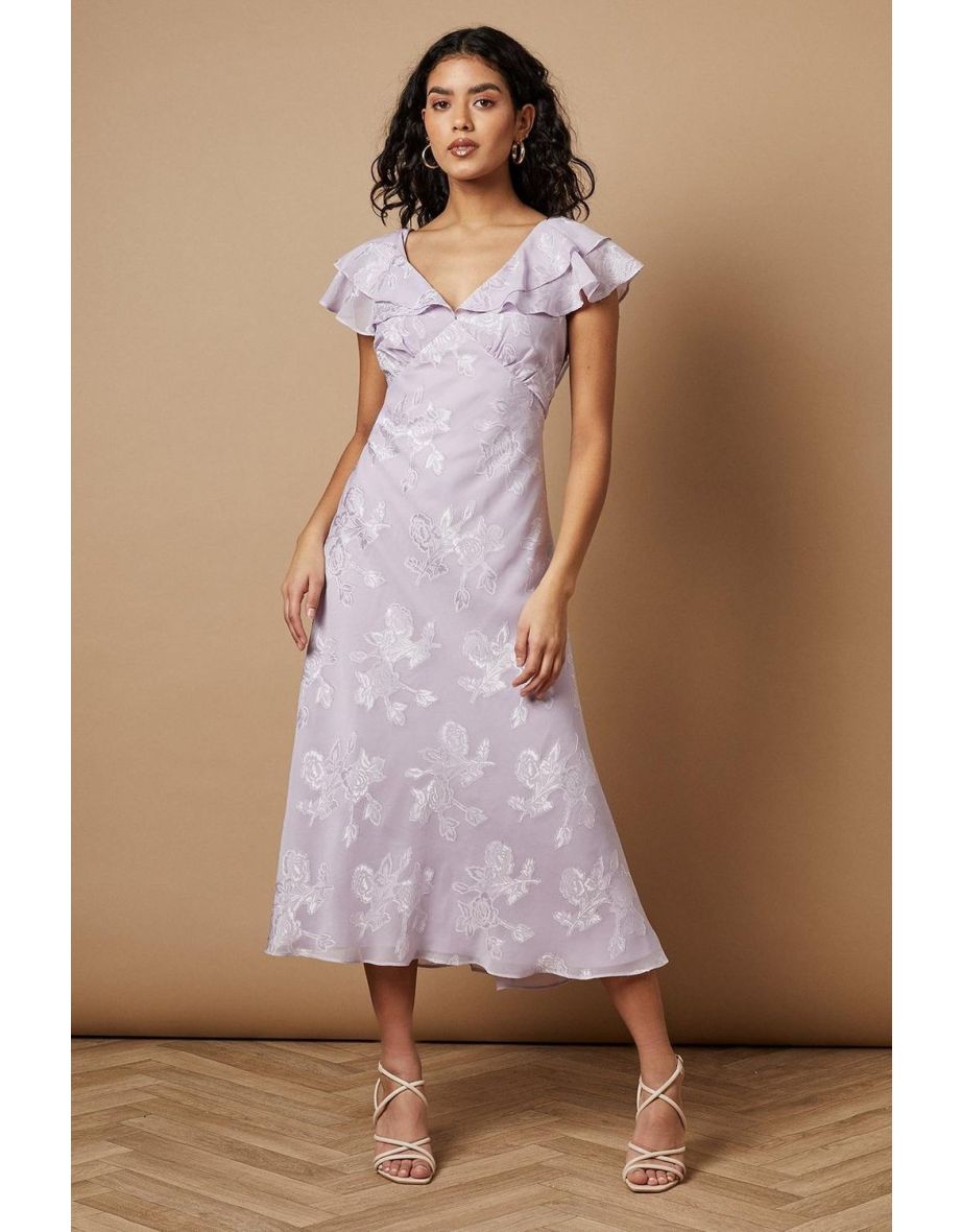 Petite Plain Satin Burnout Ruffle Midi Dress