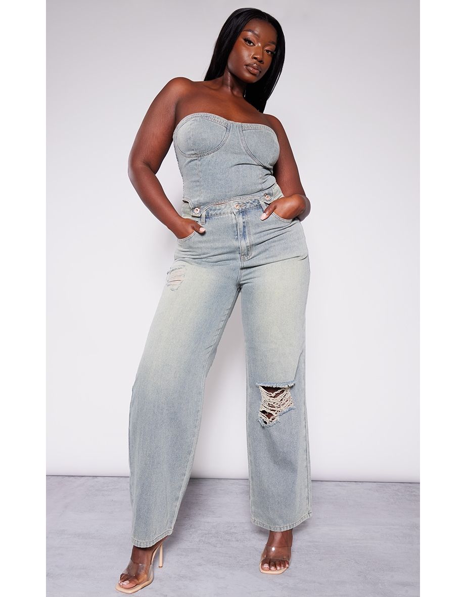Plus Vintage Wash Detachable Bandeau Denim Jumpsuit