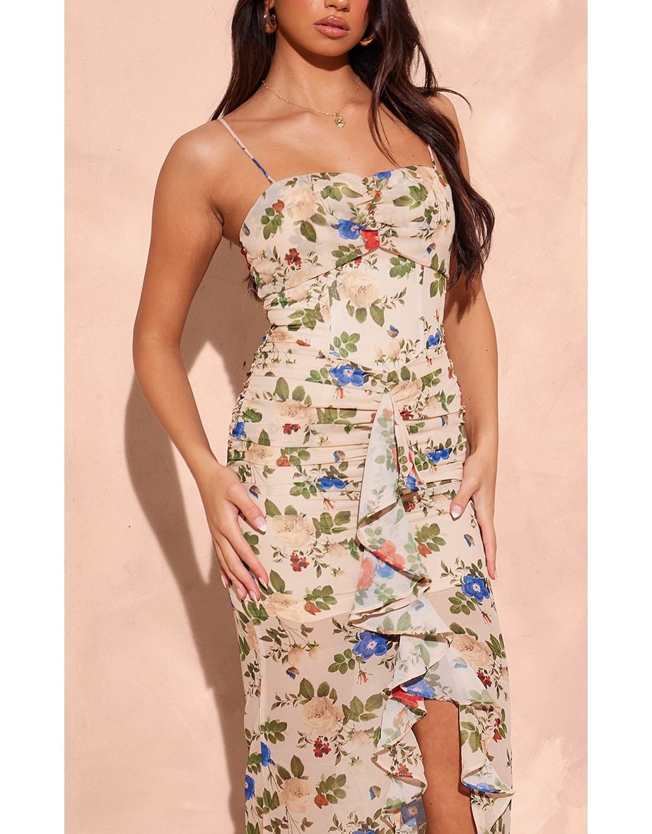 Nude Floral Chiffon Ruched Draped Front Midaxi Dress - 3